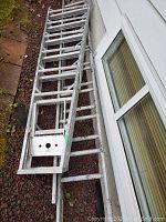Two aluminum ladders laid side by side next to building wall, showing overall length and condition