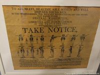 Full view of the aged 'Take Notice' call to arms poster showing text and illustrations of soldiers.