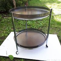 Full view of two-tier cart showing chrome frame, removable trays and casters