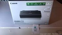 Front view of the Canon Pixma iP110 wireless portable printer box showing brand and model.