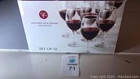 Box of 12 PC everyday wine glasses with a capacity of 300 ml or 10.6 fl oz, showing front face with product name and image of six glasses with red wine.