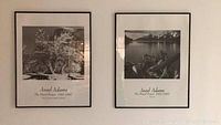 Two framed black and white Ansel Adams photographic prints titled The Mural Project 1041-1042 hanging on wall