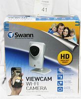 Front of Swann Viewcam Wi-Fi camera box showing branding and HD video feature.
