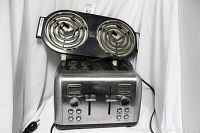 Front view of Farberware stainless steel 4-slice toaster with controls visible and Hamilton Beach double coil burner hot plate on top