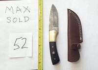 Damascus steel straight knife with buffalo horn handle and detailed mosaic pins, alongside a brown leather stitched sheath. The knife blade has visible Damascus patterning with slight marks but is unsharpened. Measuring tape shows length circa 9 inches total.