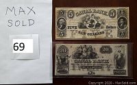 Front view of $5 and $20 Canal Bank of New Orleans remainder bank notes showing portraits and central illustrations.
