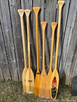 Seven wooden canoe paddles arranged upright against a wooden fence. Varied blade shapes and sizes visible, with one paddle showing a colorful design on blade.