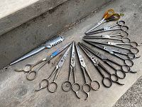 Top-down view of the entire lot including multiple vintage barber scissors arranged in a fan shape and a vintage haircutting comb, showing the full collection.