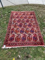 Full view of the hand knotted Persian carpet laid out on grass, showing its detailed pattern and colors.