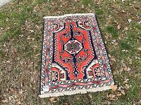 Top view of the small Persian carpet lying on grass, showing vibrant colors and pattern.