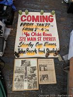 Two hand-painted promotional posters for the January 22, 1971 Boston Bruins event with candleholders, along with a frame of 7 photographs and a newspaper.