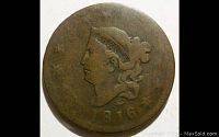 Obverse side of 1816 Coronet Head Large Cent showing Lady Liberty profile and date