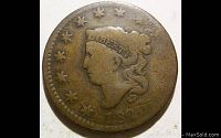 Obverse side of the 1820 Coronet Head Large Cent showing Liberty head and date error with '19'