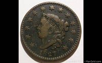Obverse side of the 1827 Coronet Head Large Cent showing Liberty profile and date 1827