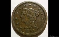 Obverse side of the 1844 Braided Hair Large Cent showing the profile of Liberty with braided hair and dated 1844.