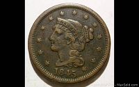 Obverse side of the 1845 Braided Hair Large Cent showing Liberty's head with braided hair, the date 1845, and surrounding stars.