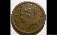 Obverse side of 1848 Braided Hair Large Cent showing Lady Liberty's profile with stars and date.