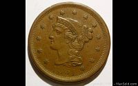 Obverse side of 1851 Braided Hair Large Cent coin showing Lady Liberty with braided hair and date 1851.