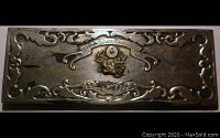 Front view of one desk set piece showing ornate scrollwork, Elk head emblem, and engraved banner.