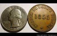 Token front side showing date 1855 and 'PRINCE EDWARD'S ISLAND' inscription with a US quarter for size comparison.
