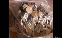 Clear plastic bag filled with numerous wheat penny coins from 1940s and 1950s, mostly brown aged copper tone.