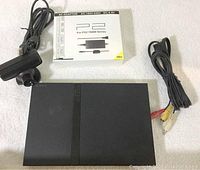 Photo showing the PS2 Slim console, camera, composite AV cable, and power supply box laid out on white surface.