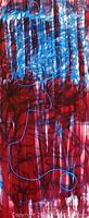 Close-up photo showing the textured abstract layers of red and blue oil and oil pastel paint with the blue neon light line incorporated
