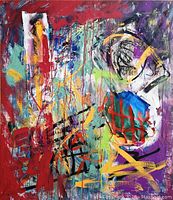 Full front view of the mixed media painting revealing the vibrant abstract composition and colors.