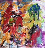 Front view of large colorful abstract painting on canvas depicting mixed media with oil pastels, acrylic, collage, and spray paint.