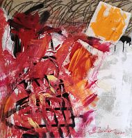 Close-up showing signature, date, and detail of brushstrokes and paint texture including oil pastels, acrylic, and spray paint