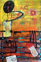 Full view of the mixed media painting on canvas showing abstract composition with compass motif and color gradation.