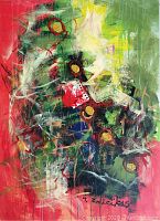 Front view of colorful abstract mixed media painting showing full artwork and signature