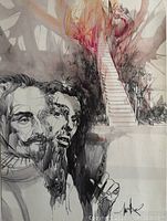 Close-up image showing two male figures in detailed ink drawing with a colorful abstract staircase in the background.