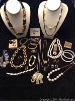 Overview photo of all ladies jewelry items laid out on black fabric including various necklaces, bracelets, earrings and pins with some displayed on necklace stands.