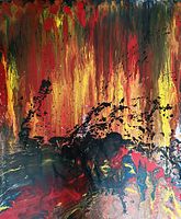 Close-up of lower left corner showing red, yellow and black enamel drips and texture