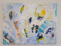 Frontal view of the modern abstract painting with various color patches and shapes on canvas.