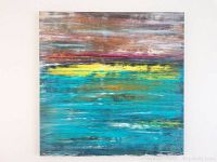 Front view of large rectangular original painting with horizontal brush strokes in turquoise, yellow, brown, magenta, and white.