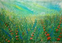 Full front view of the acrylic painting showing a floral meadow with blue, red, and white flowers under a green and turquoise sky.