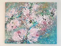 Front view of the full canvas showing abstract floral splatter composition