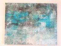 Front-facing view of the original abstract acrylic painting showing textured turquoise, blue, black, gray and white patterns.