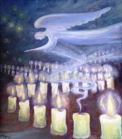 Angel figure sweeping across upper canvas above rows of candles