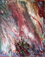 Front view of the mixed media abstract painting showing vibrant colors and textured surface.