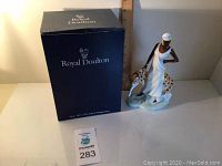 Royal Doulton Charlotte figurine standing beside original blue Royal Doulton box, ruler included for scale, showing about 9.5 inches height.