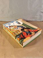 Photo of the closed hardcover book on a striped beige cloth background showing front cover and thickness of the book.