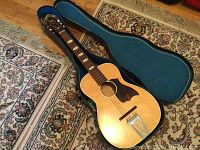 Acoustic guitar inside blue hard shell case, showing guitar body and neck.