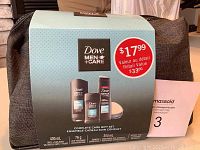 Photo of the Dove Men+Care Complete Care Gift Set box with a retail value sticker showing the contents and quantity of items.