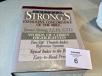 Front cover of The New Strong's Exhaustive Concordance showing title, author, and key features including highlighted words of Christ and Fan-Tab thumb-index system.