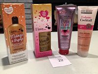 Full view of all four personal care products grouped together on a countertop.