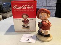 Front view of the boxed Campbell Kids School Days porcelain figurine and the figurine outside of the box.