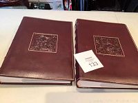 Two closed brown photo albums with embossed square designs on front covers.